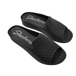 Skechers Cali Glitz Black Open Toe Perforated Eyelet Slip On Wedge Sandal 9